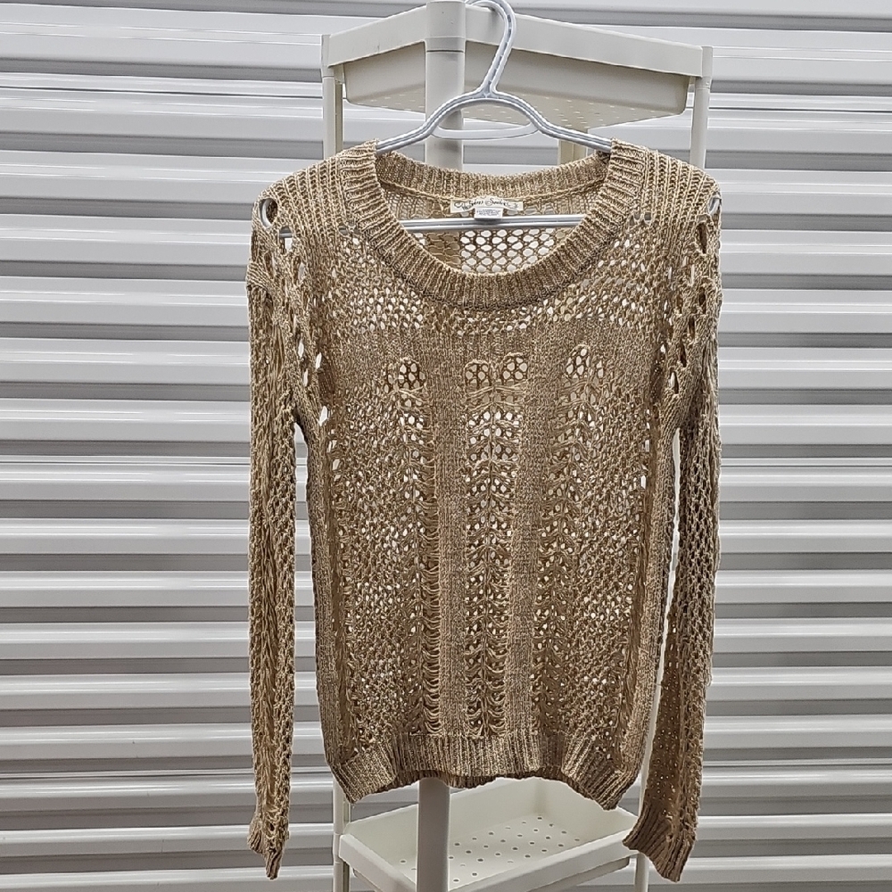 Cream with Gold Crew Neck Sweater with Open Knit Pattern